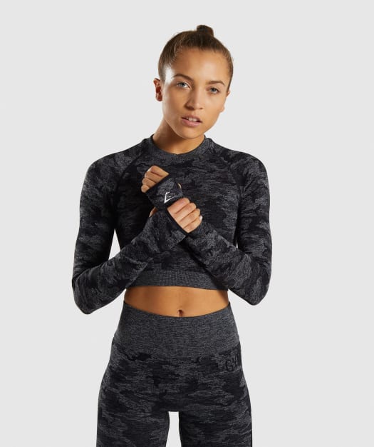 Gymshark Camo Seamless Long Sleeve Crop Top - Black