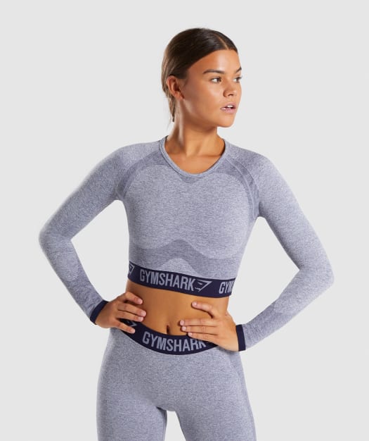 Gymshark Flex Long Sleeve Crop Top - Steel Blue Marl/Evening Navy Blue