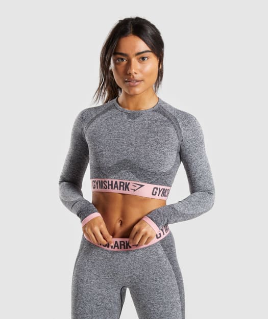 Gymshark Flex Long Sleeve Crop Top - Charcoal Marl/Peach Pink