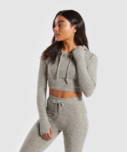 Gymshark Slounge Cropped Hoodie - Washed Khaki Marl