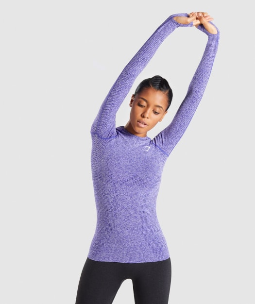 Full Length Indigo Marl Vital Seamless Long Sleeve T-Shirt Front Stretch