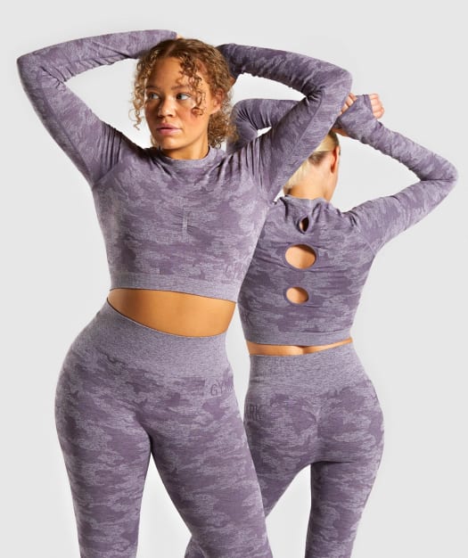 Gymshark Camo Seamless Long Sleeve Crop Top - Lavender Grey
