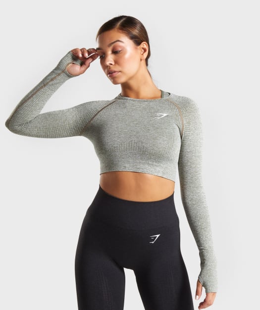 Gymshark Vital Seamless Long Sleeve Crop Top - Khaki Marl