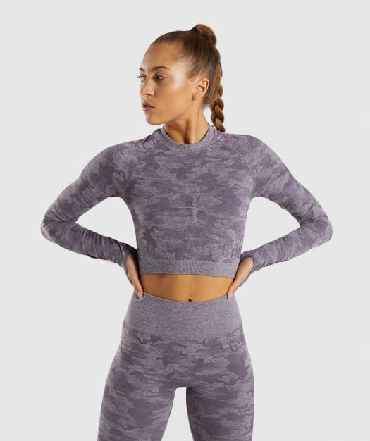 Gymshark Camo Seamless Long Sleeve Crop Top - Lavender Grey