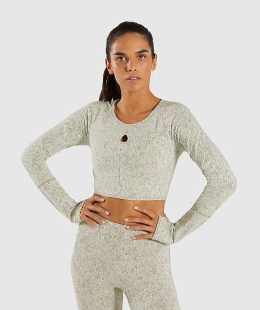 Gymshark Fleur Texture Long Sleeve Crop - Washed Khaki Marl