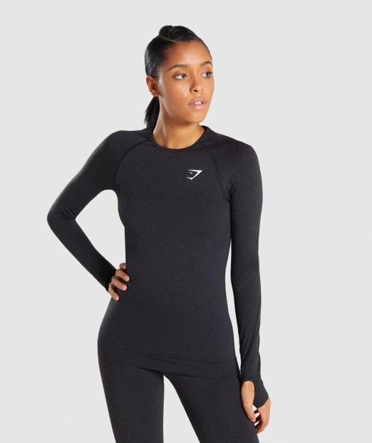 Full Length Black Marl Vital Seamless Long Sleeve T-Shirt From Front