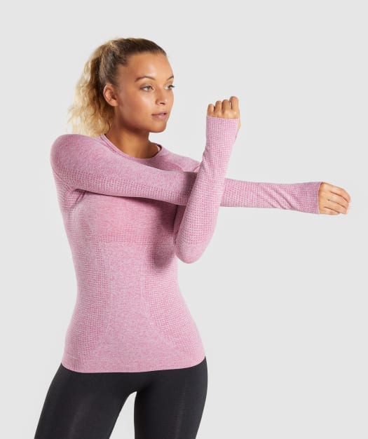 Full Length Dusty Pink Marl Vital Seamless Long Sleeve T-Shirt Front Stretch