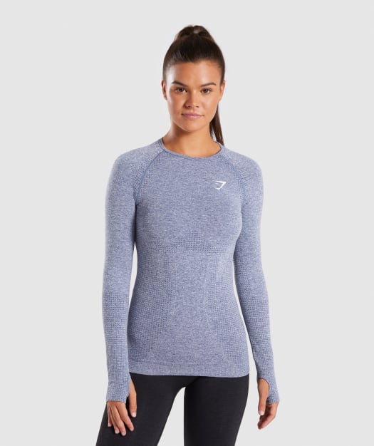 Full Length Steel Blue Marl Vital Seamless Long Sleeve T-Shirt Front