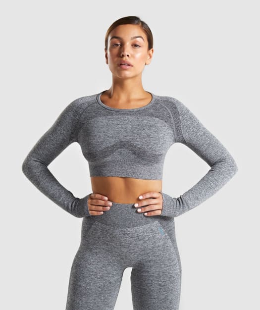 Gymshark Flex Sports Long Sleeve Crop Top - Charcoal Marl/Teal