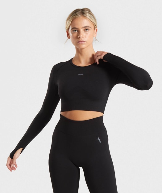 Gymshark Flex Sports Long Sleeve Crop Top - Black/Grey