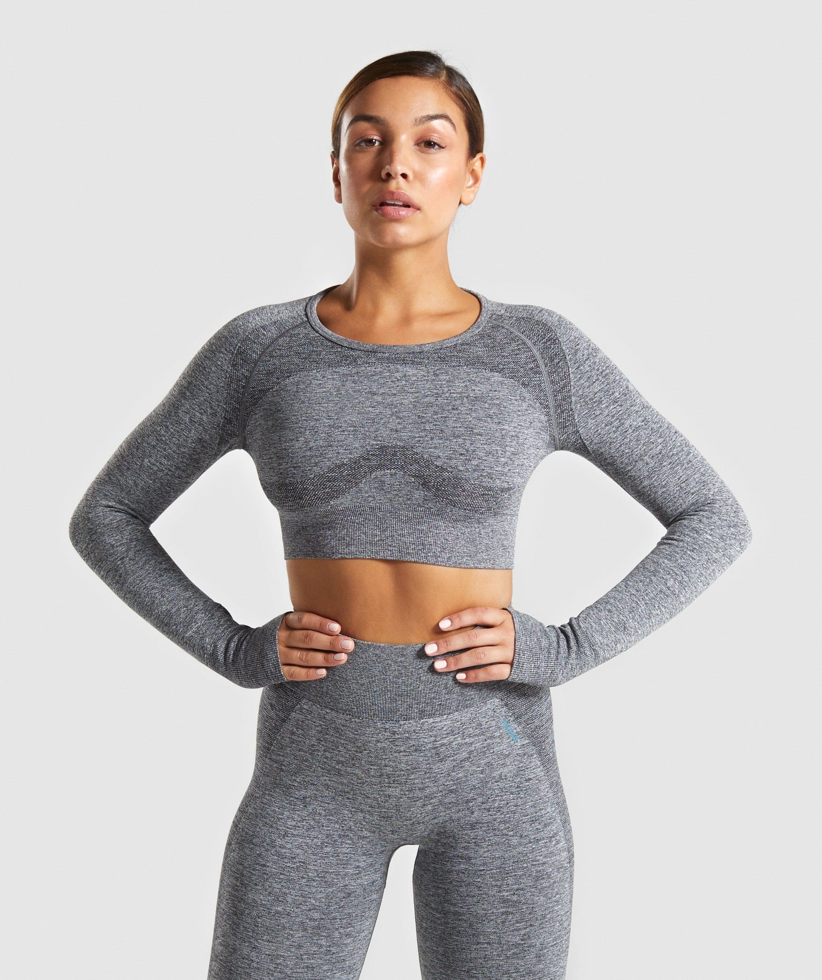 Gymshark Flex Sports Long Sleeve Crop Top - Charcoal Marl/Teal